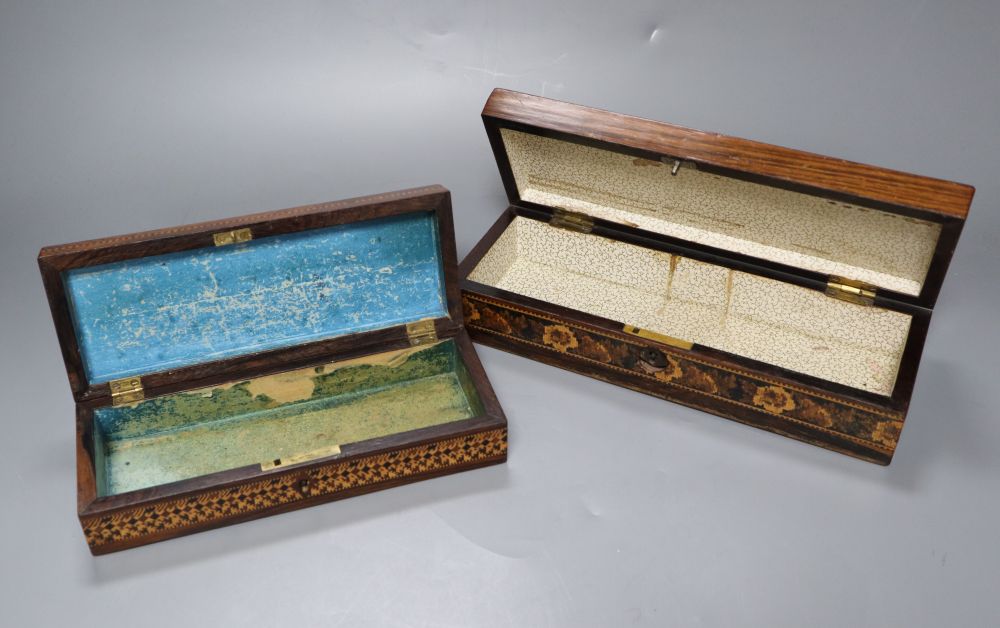 A Tunbridge Ware games box, with cribbage top, two cribbage boards and a playing card box